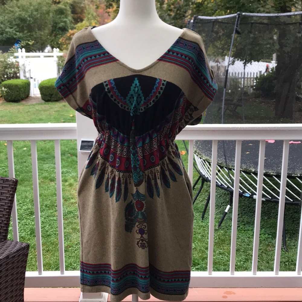 Forever 21 Tan Mini Dress with Teal, Black & Burgundy Tribal Accents
